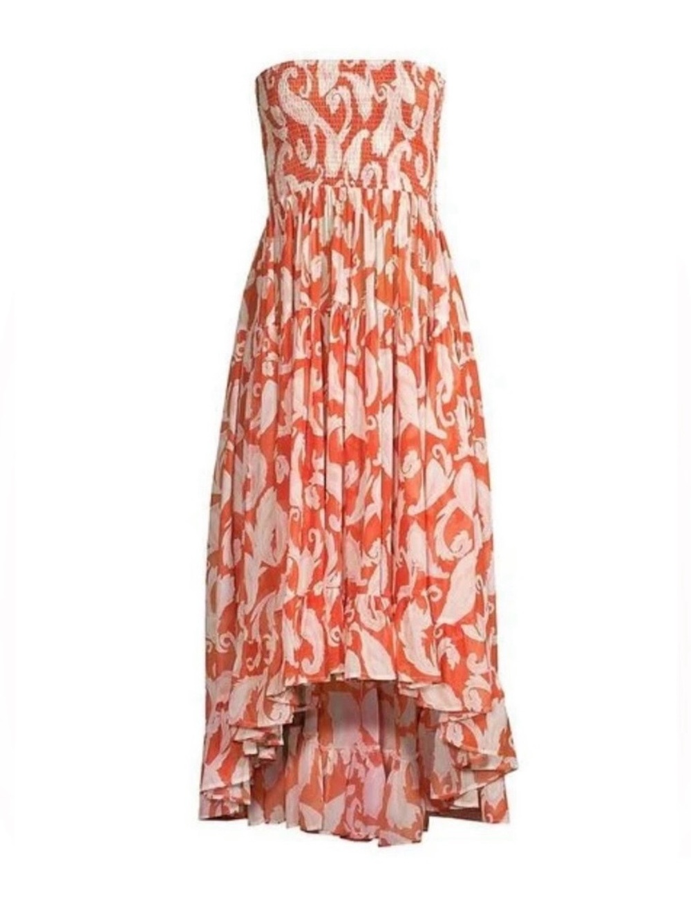 Strapless Orange & White High-Low Maxi Dress with Smocked Top